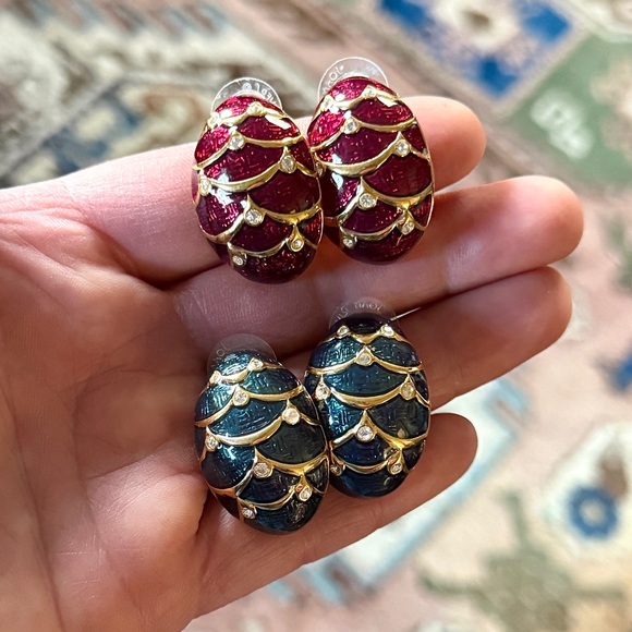 Vintage Joan Rivers Red & Green Enamel Rhinestone Egg Post Earrings x 2 Pairs - Picture 2 of 8